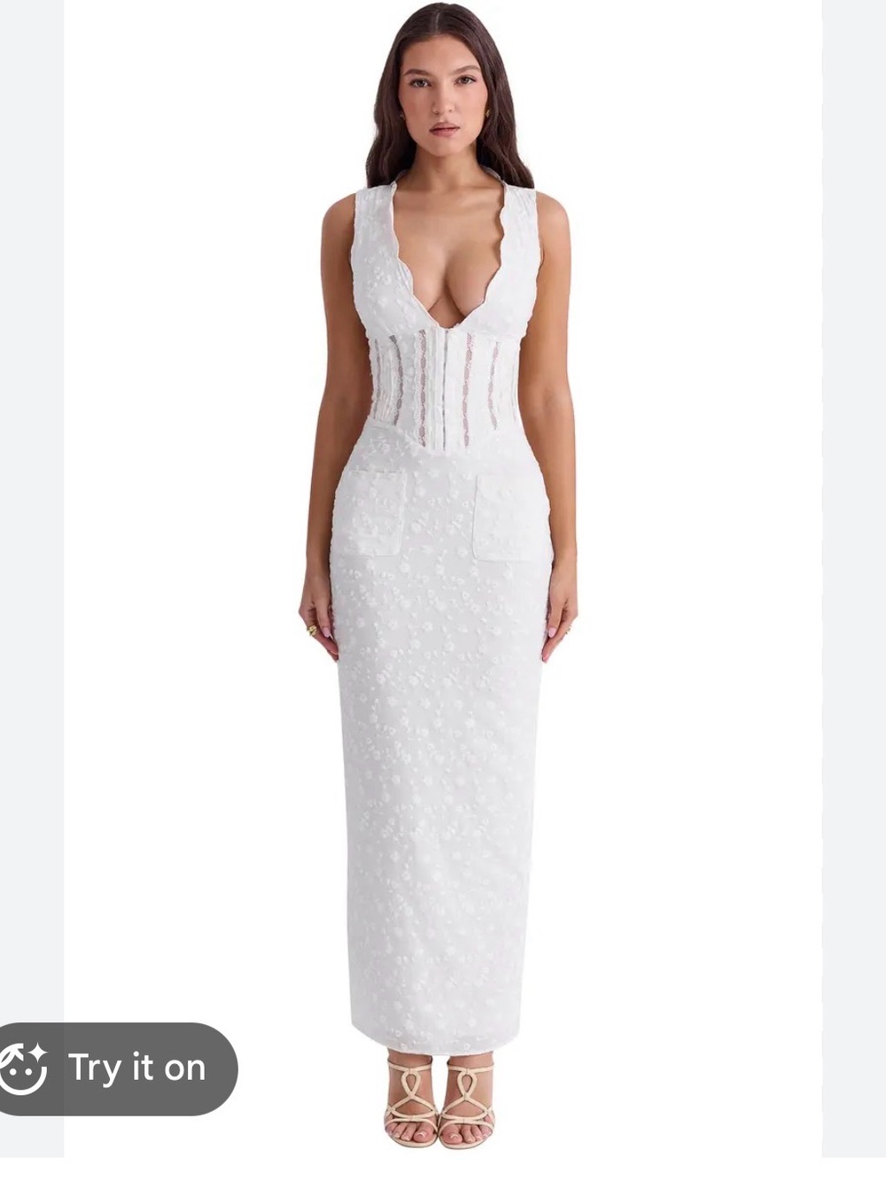 Plunge Neck White Maxi Dress with Corset Details